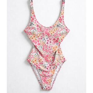 Floral Print One-Piece Swimsuit with Cutout Detail XL